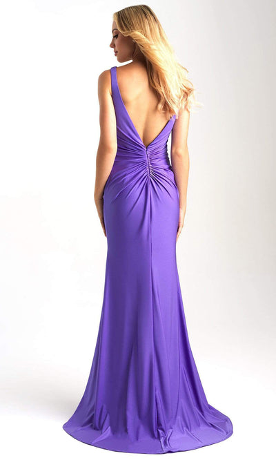 Madison James - 20-317 Ruched Plunging V-Neck Dress with Slit Evening Dresses 2 / Purple