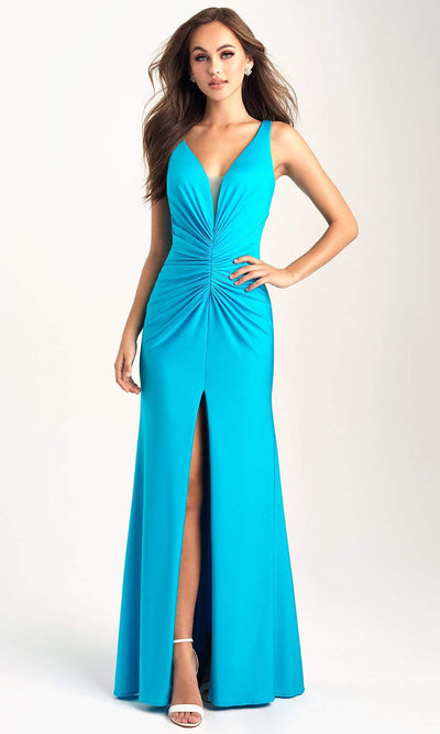 Madison James - 20-317 Ruched Plunging V-Neck Dress with Slit Evening Dresses 2 / Turquoise