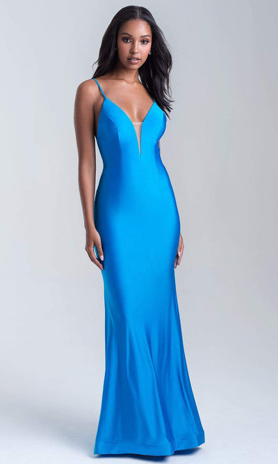 Madison James - 20-319 Illusion Plunging Neck Sleeveless Mermaid Gown Evening Dresses 2 / Blue