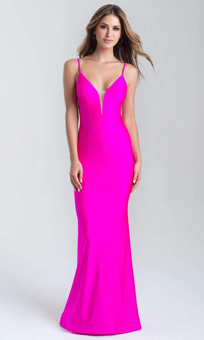 Madison James - 20-319 Illusion Plunging Neck Sleeveless Mermaid Gown Evening Dresses 4 / Fuchsia