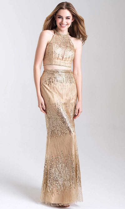 Madison James - 20-320 Two Piece Sequined Halter Sheath Dress Evening Dresses 2 / Gold