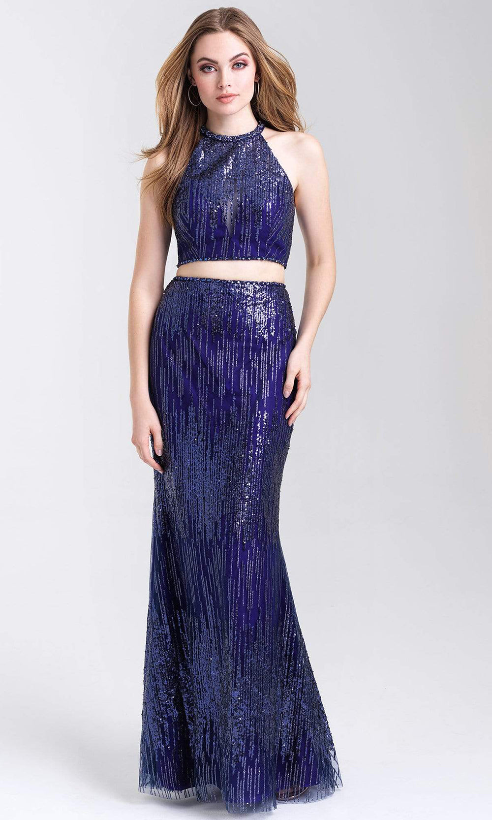 Madison James - 20-320 Two Piece Sequined Halter Sheath Dress Evening Dresses 2 / Navy