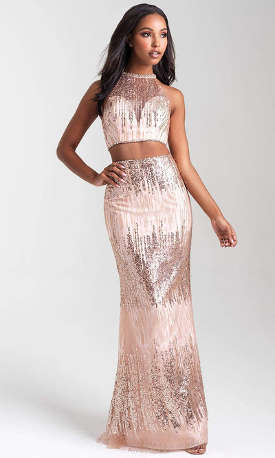 Madison James - 20-320 Two Piece Sequined Halter Sheath Dress Evening Dresses 2 / Rose Gold