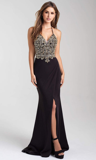 Madison James - 20-322 Embellished Halter Dress with Slit Evening Dresses 2 / Black