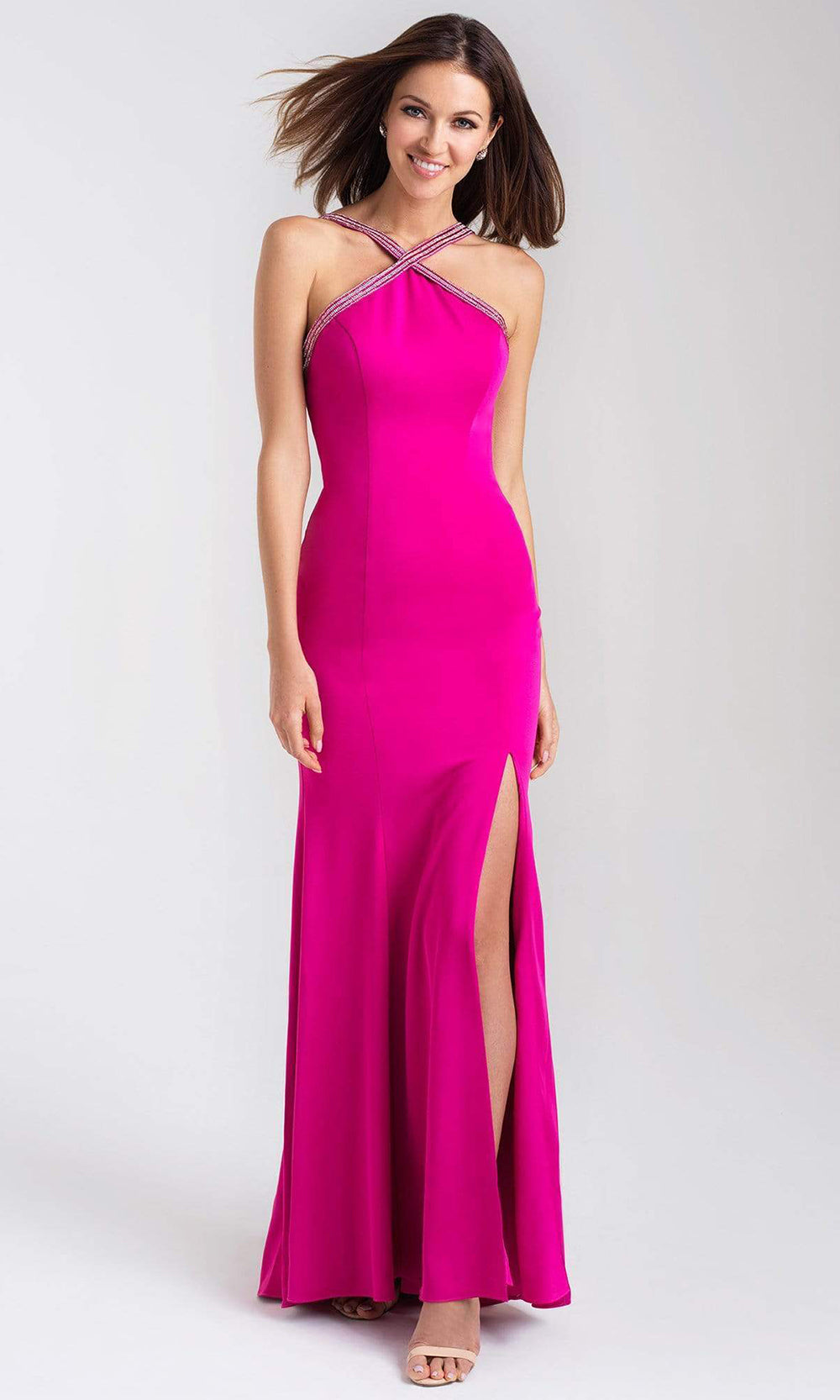 Madison James - 20-324 Halter Evening Dress with Slit Evening Dresses 2 / Fuchsia
