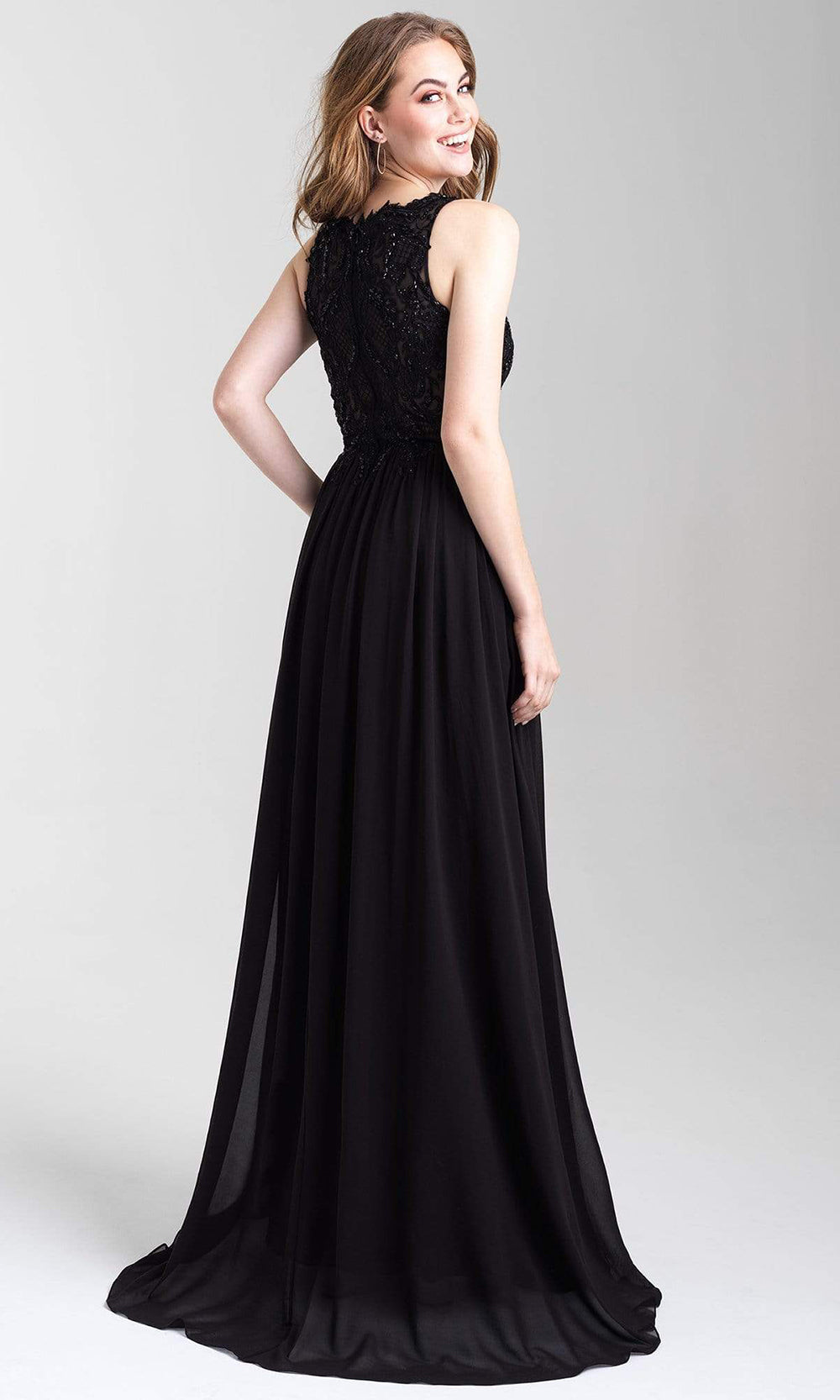 Madison James - 20-325 Embroidered V-neck Chiffon A-line Gown Evening Dresses 2 / Black