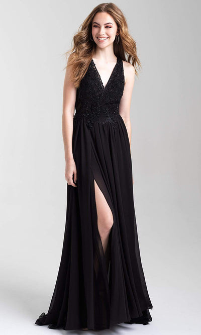 Madison James - 20-325 Embroidered V-neck Chiffon A-line Gown Evening Dresses 2 / Black