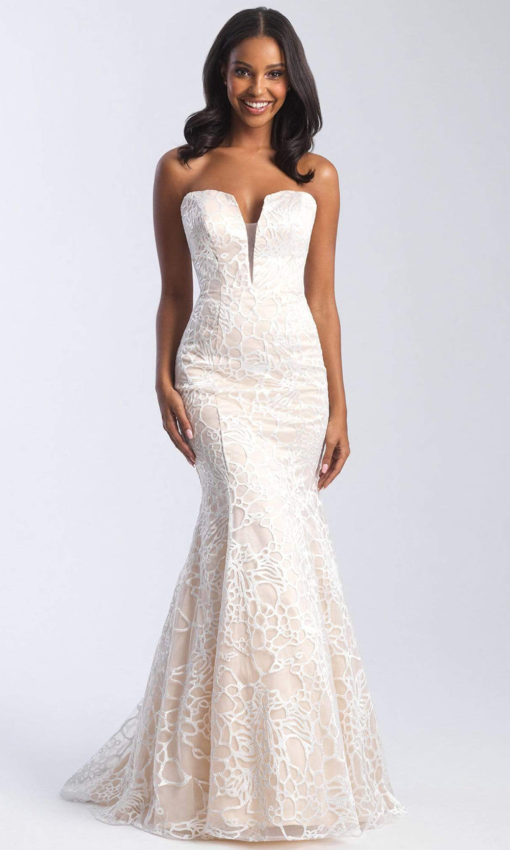Madison James - 20-329 Plunging Sweetheart Lace Openwork Gown Evening Dresses 2 / Ivory/Nude