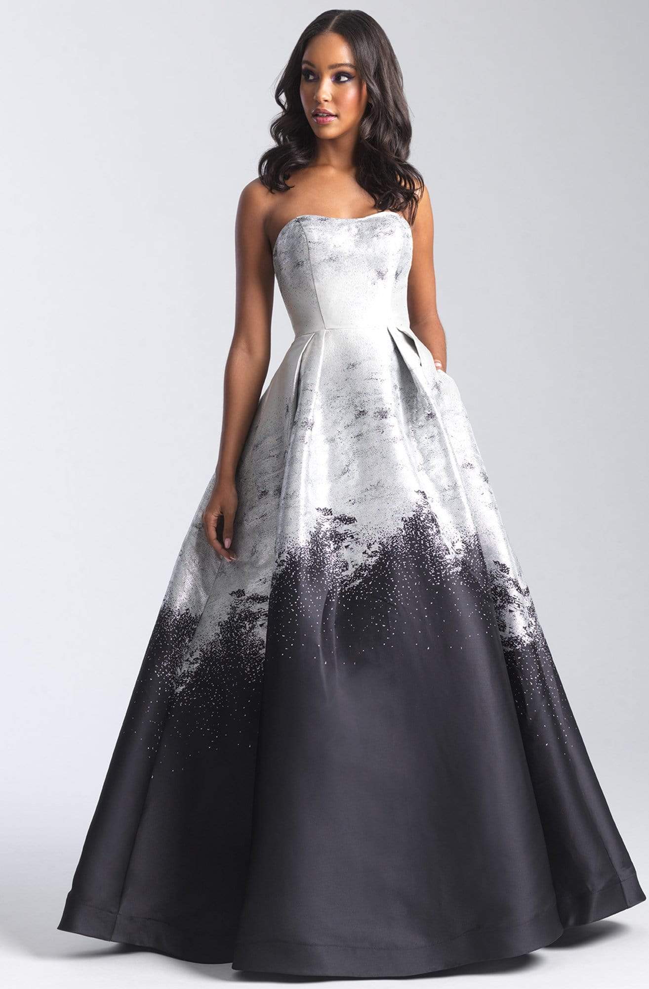 Madison James - 20-334 Contrast Print Metallic Mikado Ballgown Ball Gowns 2 / Black/Silver