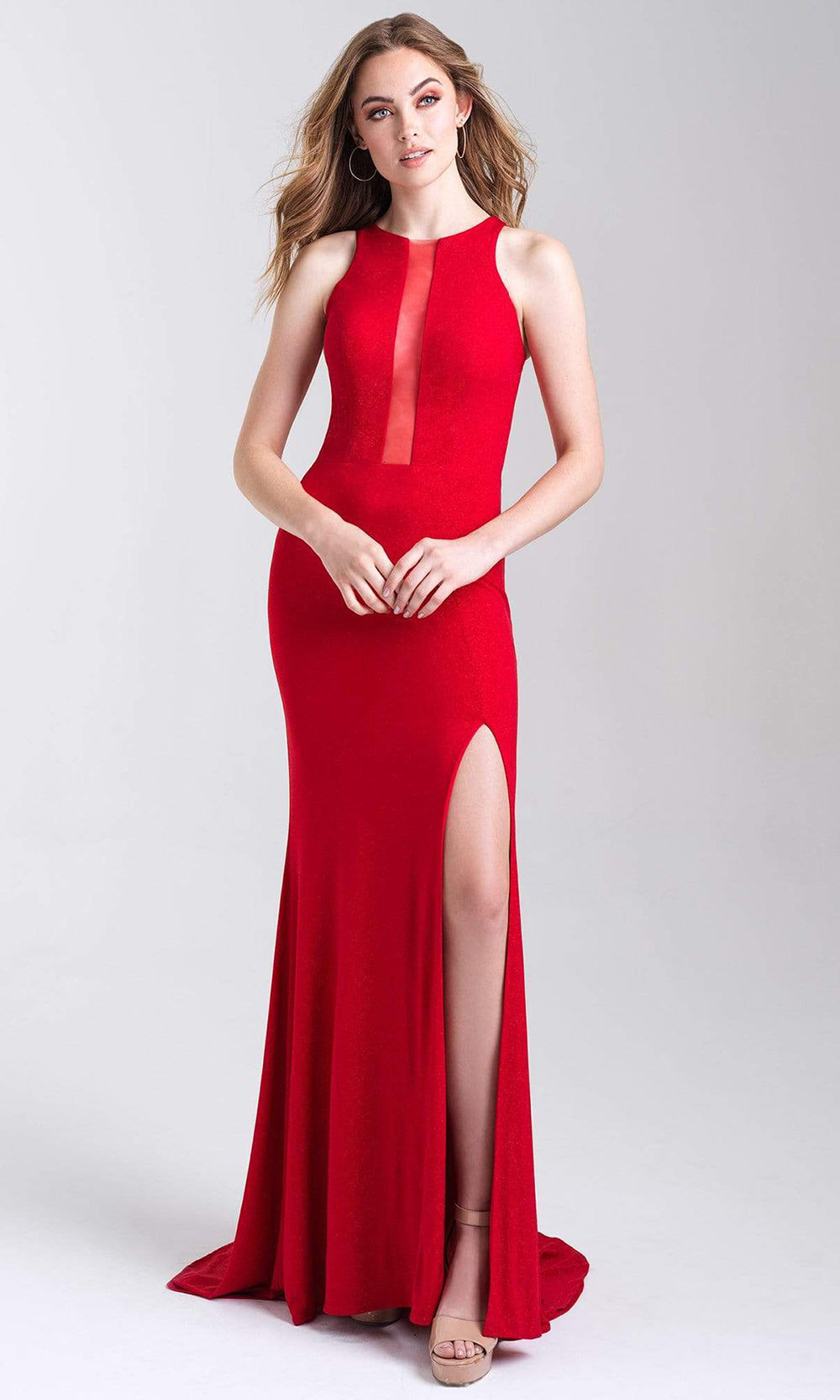 Madison James - 20-339 Glitter Jersey Halter Sheath Dress Evening Dresses 2 / Red