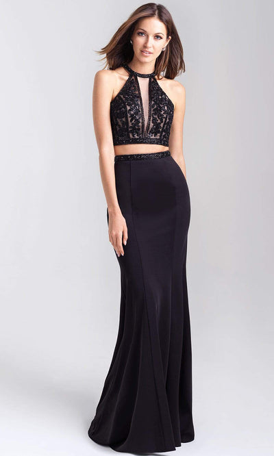 Madison James - 20-348 Two Piece Sequined Halter Trumpet Dress Prom Dresses 2 / Black