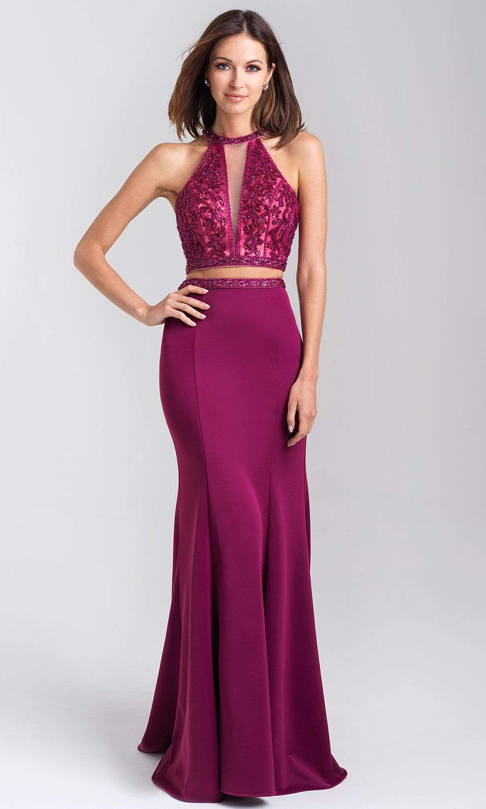 Madison James - 20-348 Two Piece Sequined Halter Trumpet Dress Prom Dresses 2 / Magenta