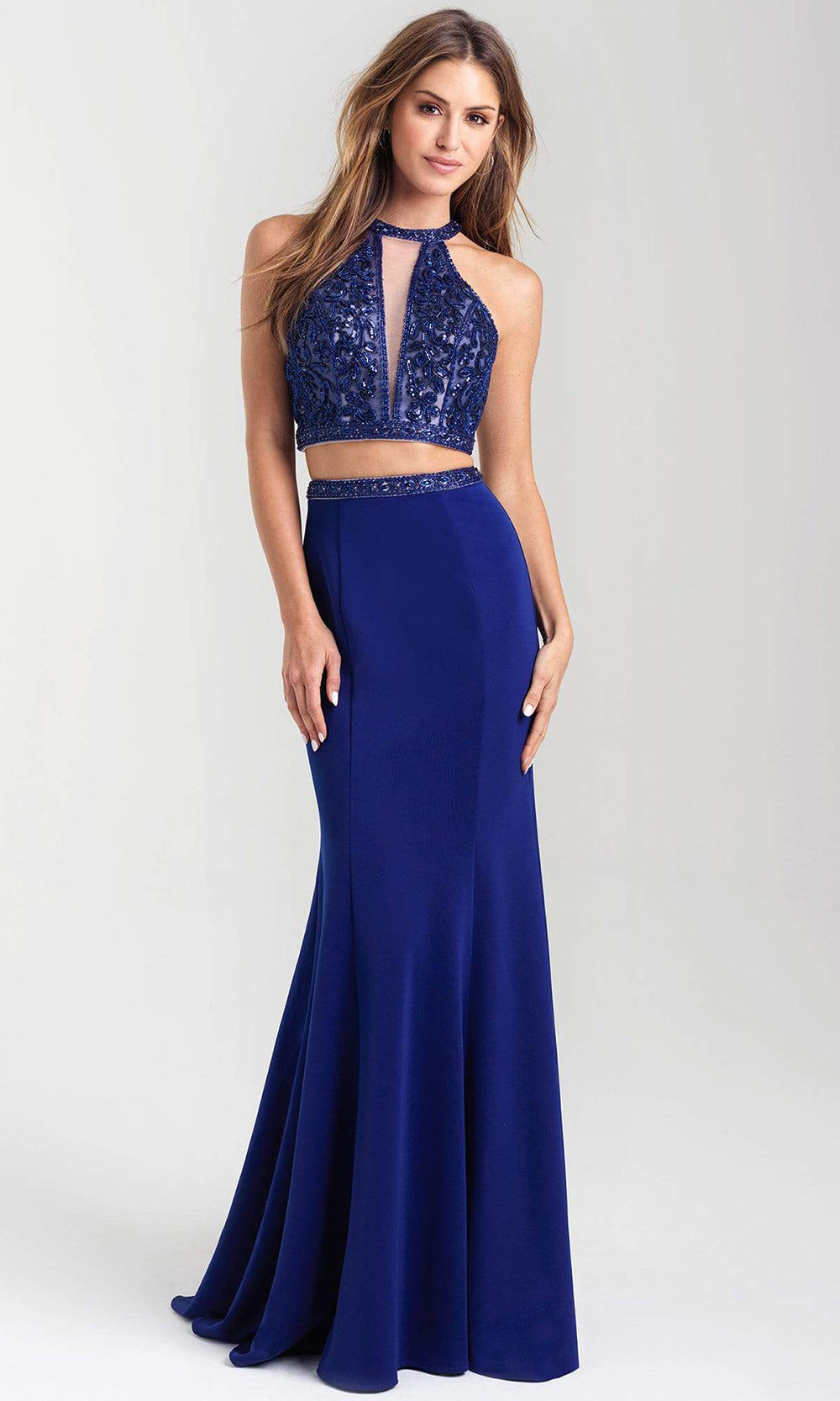 Madison James - 20-348 Two Piece Sequined Halter Trumpet Dress Prom Dresses 2 / Royal