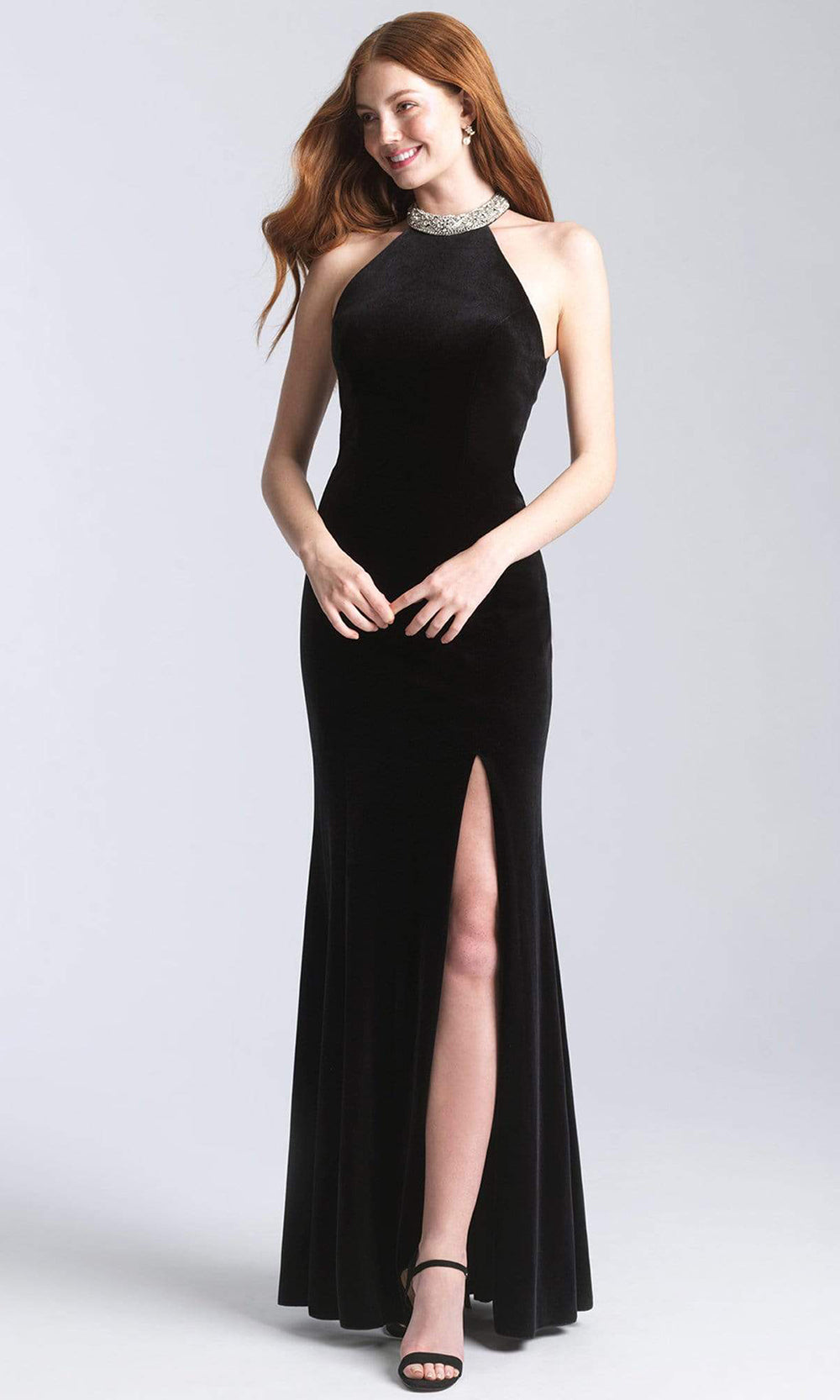 Madison James - 20-350 Jeweled Collar Halter Velvet Gown Evening Dresses 2 / Black