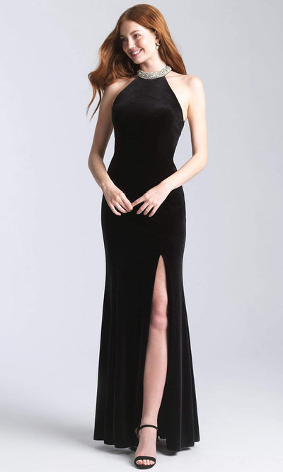 Madison James - 20-350 Jeweled Collar Halter Velvet Gown Evening Dresses 2 / Black