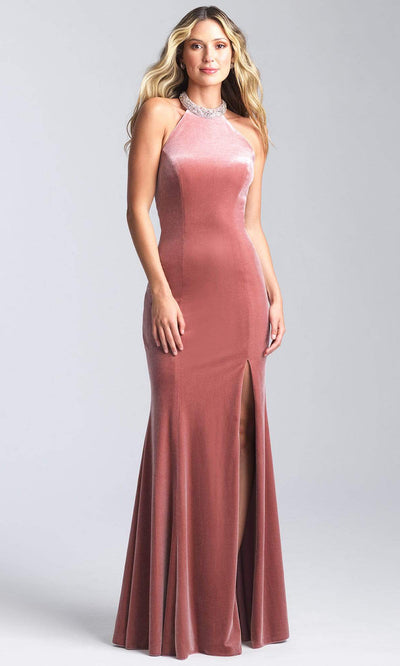Madison James - 20-350 Jeweled Collar Halter Velvet Gown Evening Dresses 2 / Dusty Rose