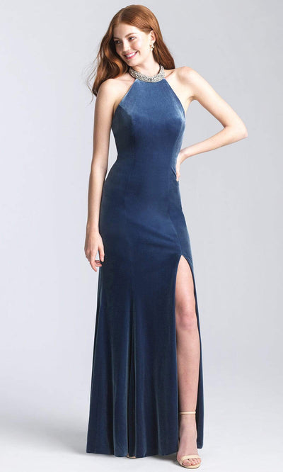 Madison James - 20-350 Jeweled Collar Halter Velvet Gown Evening Dresses 2 / Slate