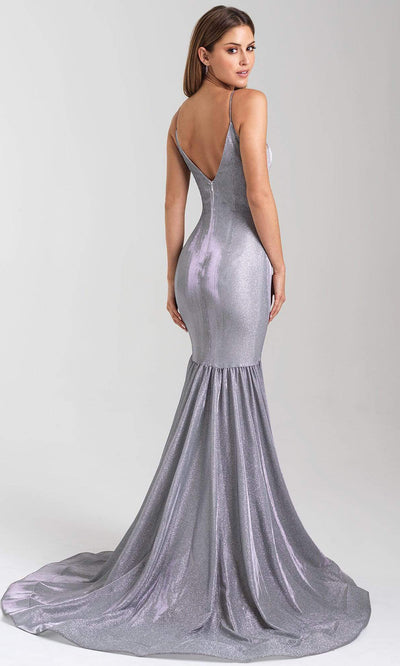 Madison James - 20-355 Deep V-neck Glitter Jersey Trumpet Dress Prom Dresses 2 / Silver