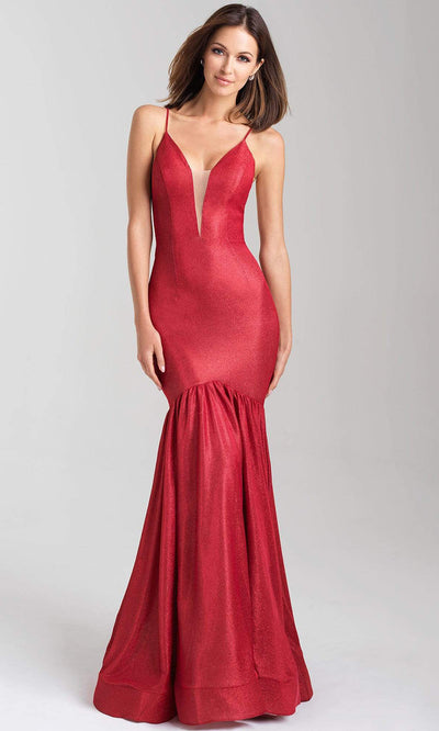 Madison James - 20-355 Deep V-neck Glitter Jersey Trumpet Dress Prom Dresses 2 / Red