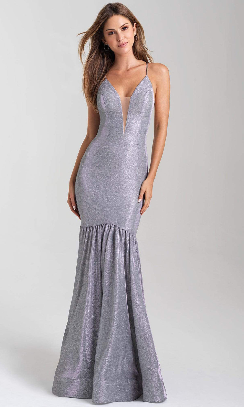 Madison James - 20-355 Deep V-neck Glitter Jersey Trumpet Dress Prom Dresses 2 / Silver