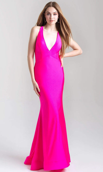 Madison James - 20-358 Crisscross Strappy Back Fitted Jersey Gown Prom Dresses 2 / Hot Pink