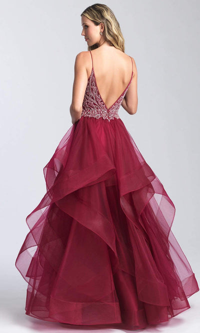 Madison James - 20-365 Beaded Deep V-neck Tulle A-line Gown Prom Dresses 2 / Burgundy