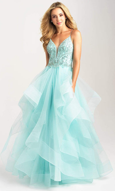 Madison James - 20-365 Beaded Deep V-neck Tulle A-line Gown Prom Dresses 2 / Baby Blue