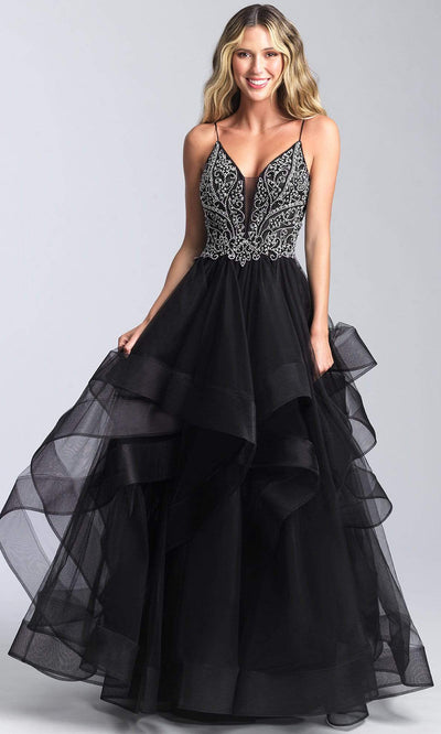 Madison James - 20-365 Beaded Deep V-neck Tulle A-line Gown Prom Dresses 2 / Black