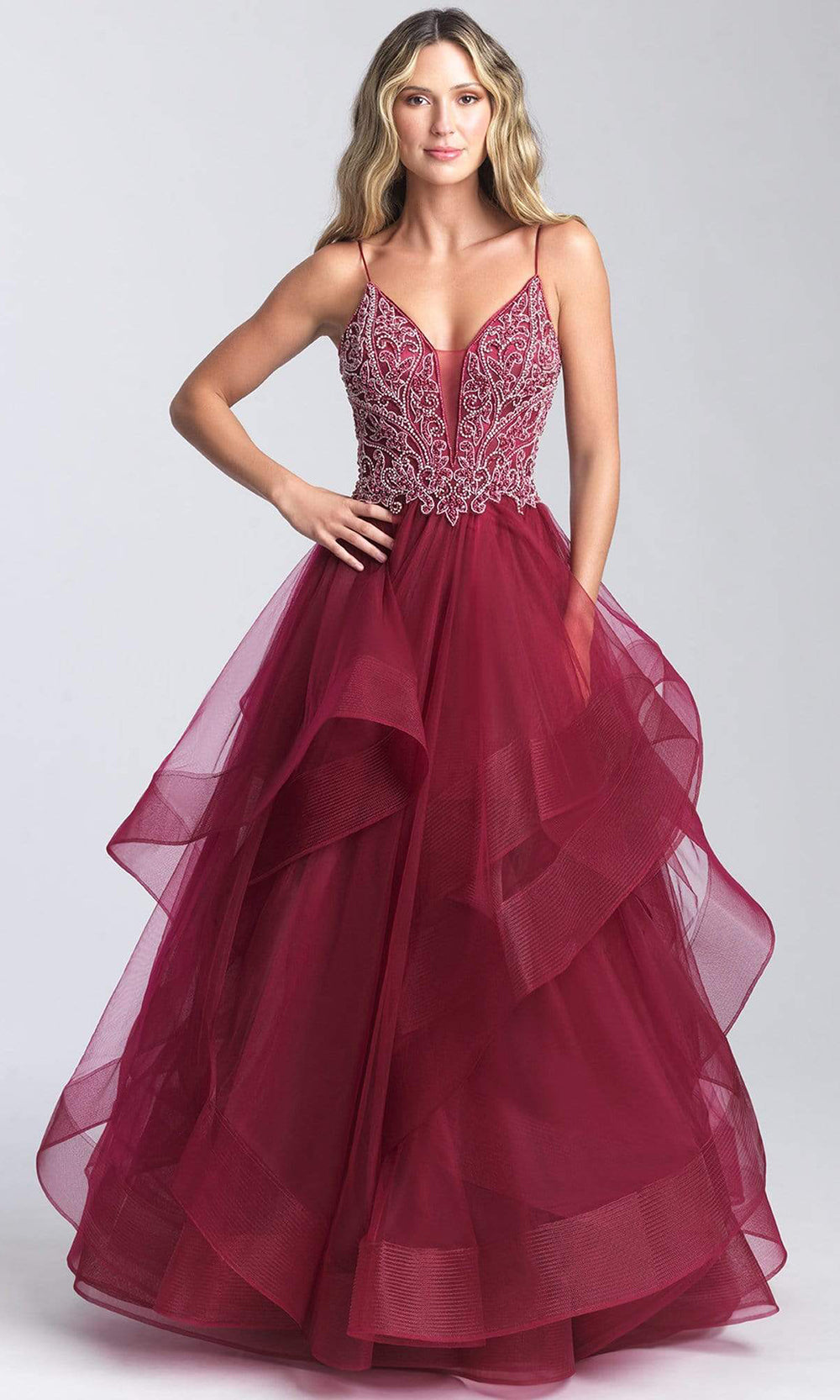 Madison James - 20-365 Beaded Deep V-neck Tulle A-line Gown Prom Dresses 2 / Burgundy