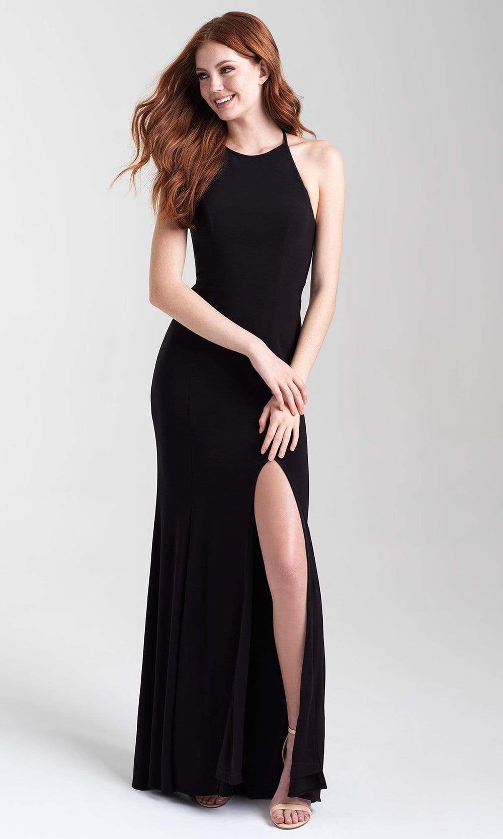 Madison James - 20-371 Halter Chiffon Tied Back High Slit Gown Evening Dresses 2 / Black