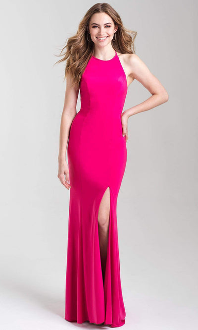 Madison James - 20-371 Halter Chiffon Tied Back High Slit Gown Evening Dresses 2 / Hot Pink