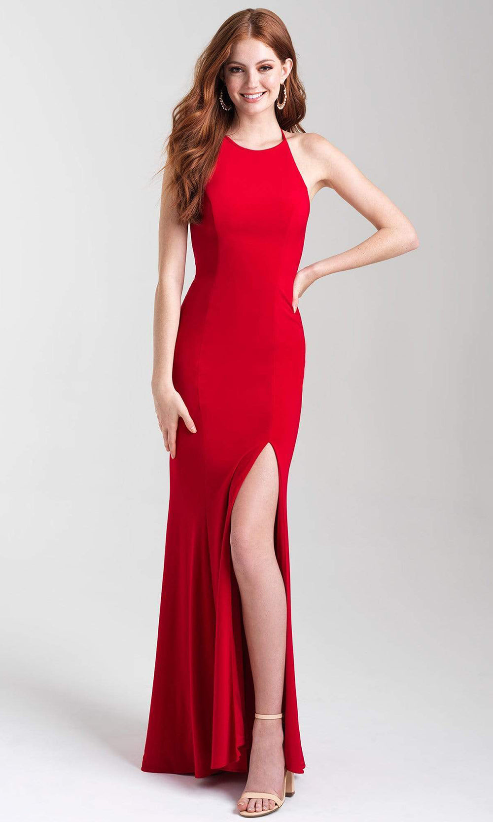 Madison James - 20-371 Halter Chiffon Tied Back High Slit Gown Evening Dresses 2 / Red