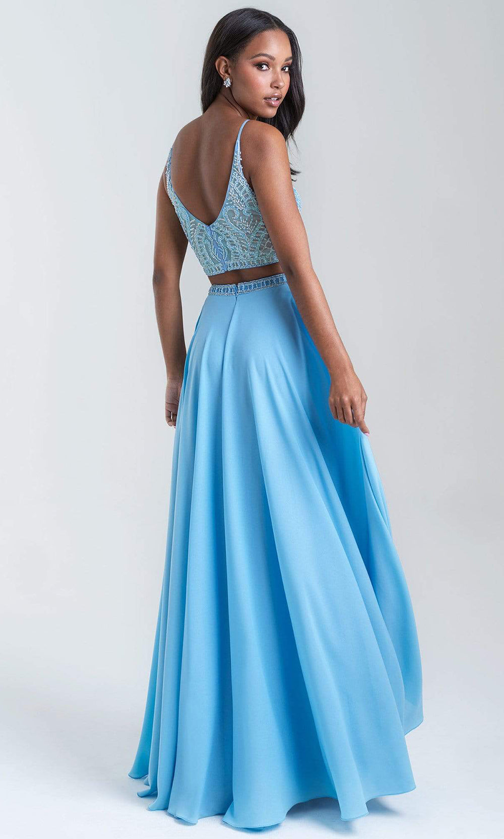 Madison James - 20-389 Beaded V-Neck High Slit Long Gown Prom Dresses 2 / Sky Blue