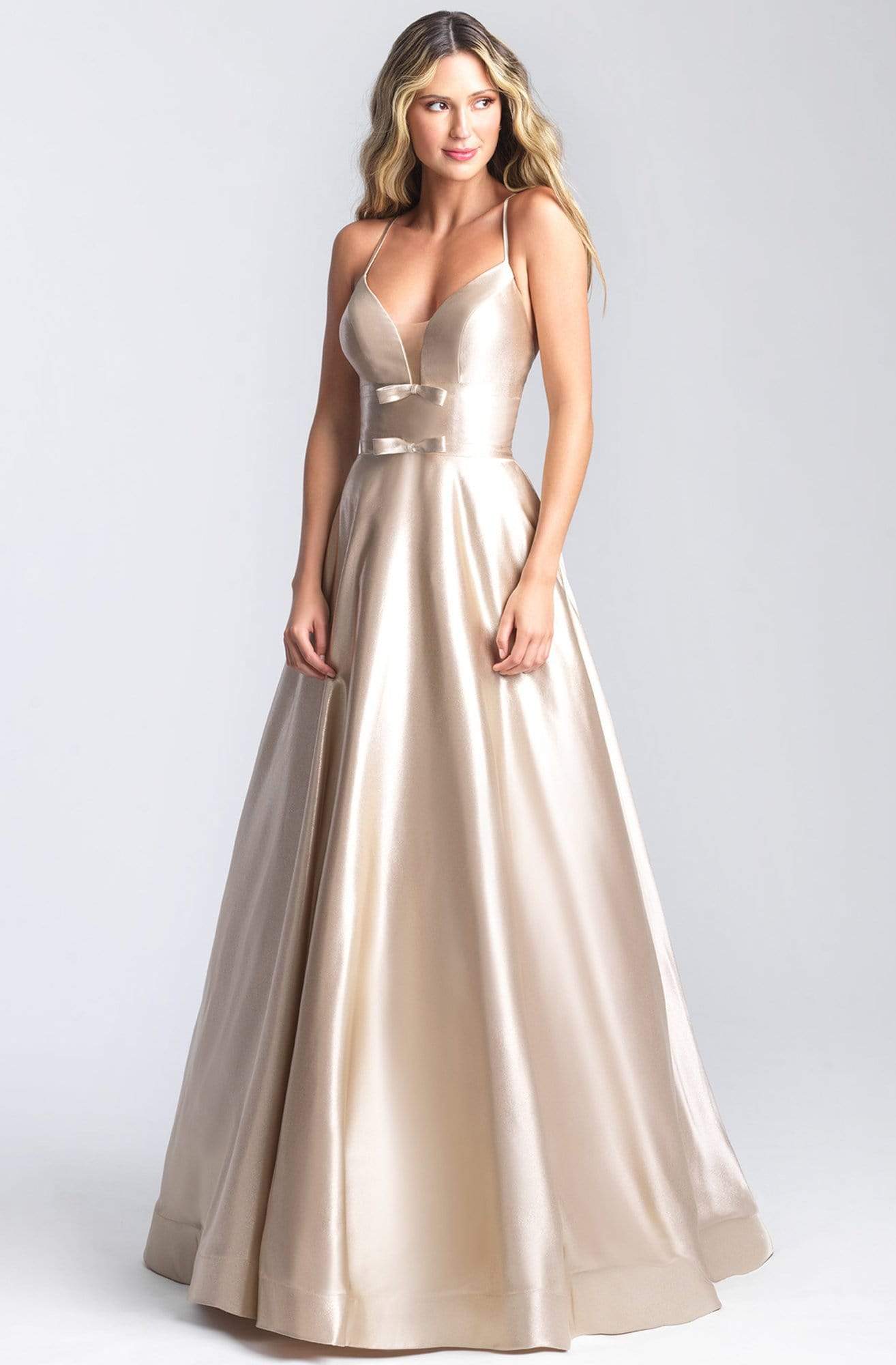 Madison James - 20-392 Metallic Lame Deep V-neck A-line Gown Prom Dresses 2 / Champagne