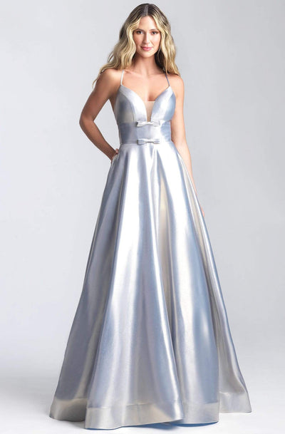Madison James - 20-392 Metallic Lame Deep V-neck A-line Gown Prom Dresses 2 / Light Blue