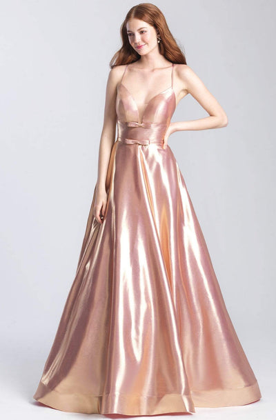 Madison James - 20-392 Metallic Lame Deep V-neck A-line Gown Prom Dresses 2 / Pink