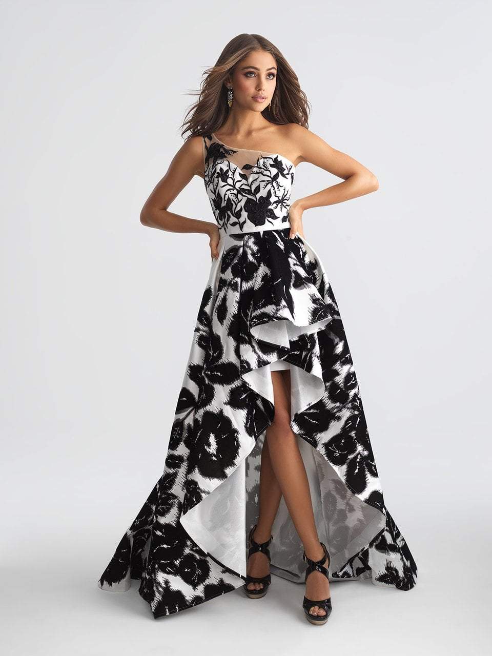 Madison James Print Floral High Low A-line Dress 18-682 CCSALE 8 / Ivory