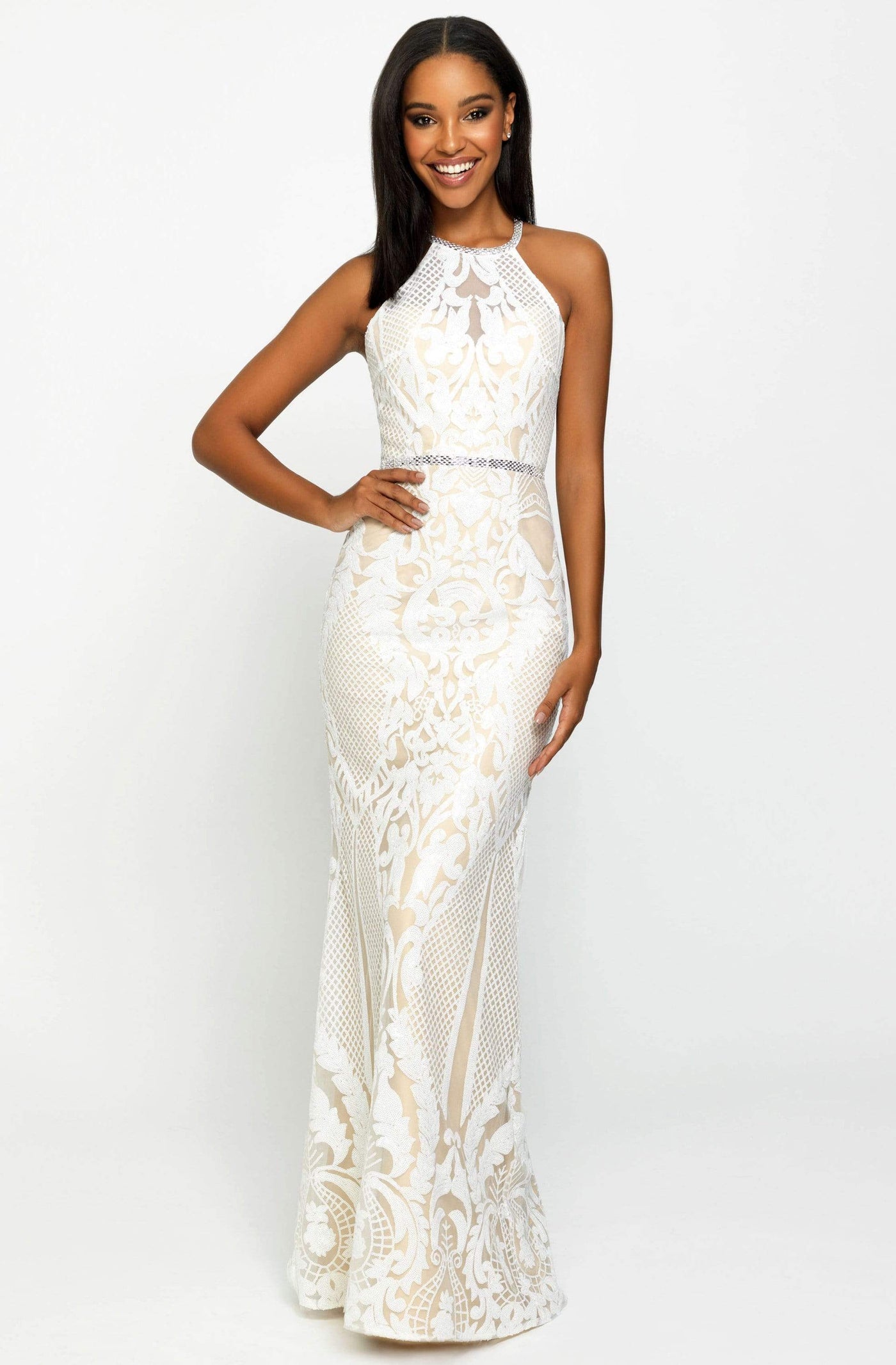 Madison James - Sequined Halter Trumpet Dress 19-173 - 1 pc Ivory in Size 18 and 1 pc Black in Size 24 Available CCSALE 18 / Ivory