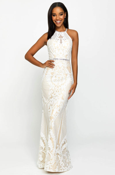 Madison James - Sequined Halter Trumpet Dress 19-173 - 1 pc Ivory in Size 18 and 1 pc Black in Size 24 Available CCSALE 18 / Ivory