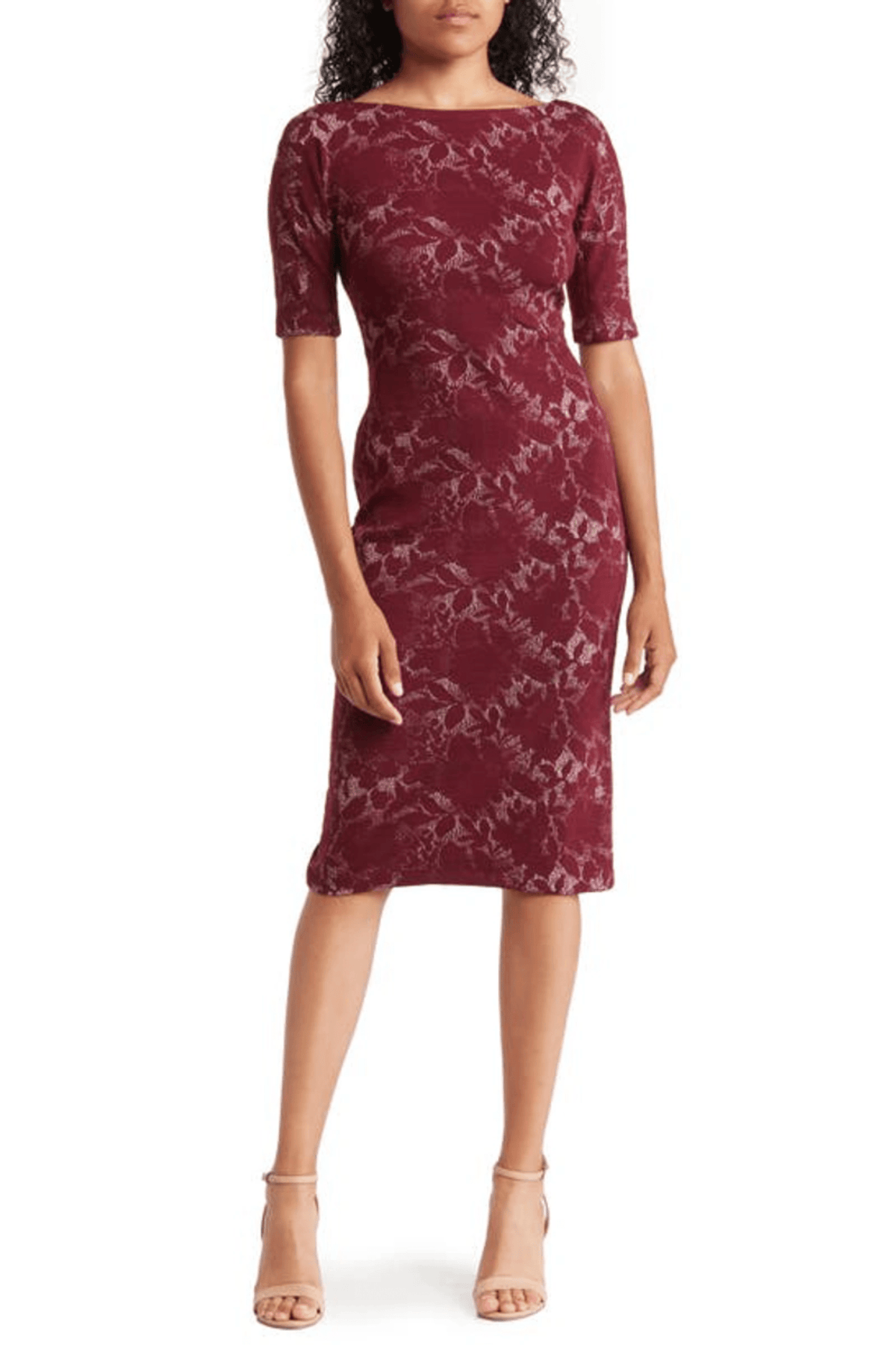 Maggy London G3202M - Knee-Length Jacquard Sheath Dress - Fitted, Half Sleeves, Full Back, Back Zipper, Texture Printed ADASA Maggy London G3202M - Knee-Length Jacquard Sheath Dress - Fitted, Half Sleeves, Full Back, Back Zipper, Texture Printed ADASA