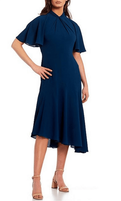 Maggy London G3570M - High Neck Asymmetrical Hem Formal Dress Special Occasion Dress 0 / Dark Denim