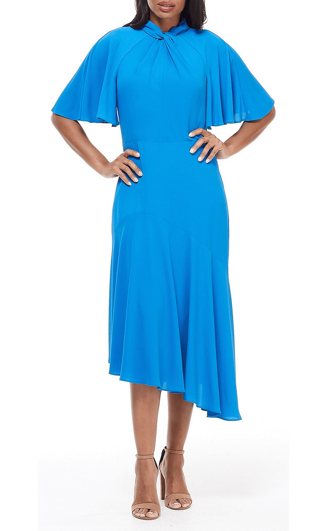 Maggy London Catalina Crepe Twist Neck Asymmetrical Hem Midi Dress Sea Blue, Women's, Size: 4 Maggy London Catalina Crepe Twist Neck Asymmetrical Hem Midi Dress Sea Blue, Women's, Size: 4