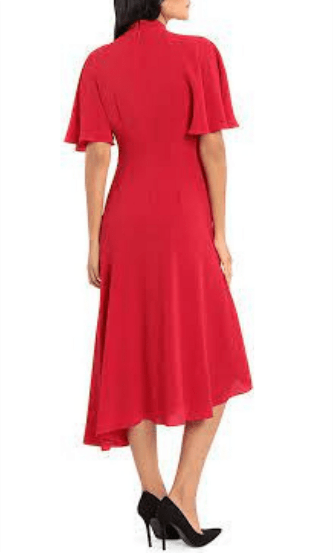 Maggy London G3570M - Tea-Length Bubble Crepe A-Line Dress - Short Flutter Sleeve, Twisted Mock Neckline, Full Back, Concealed Back Zipper, Asymmetrical Hem ADASA Maggy London G3570M - Tea-Length Bubble Crepe A-Line Dress - Short Flutter Sleeve, Twisted Mock Neckline, Full Back, Concealed Back Zipper, Asymmetrical Hem ADASA