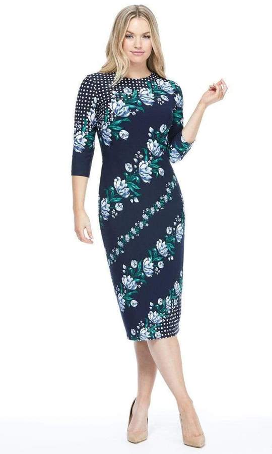Maggy London - G4373MSC Quarter Sleeve Sheath Tea Length Dress In Blue and Green