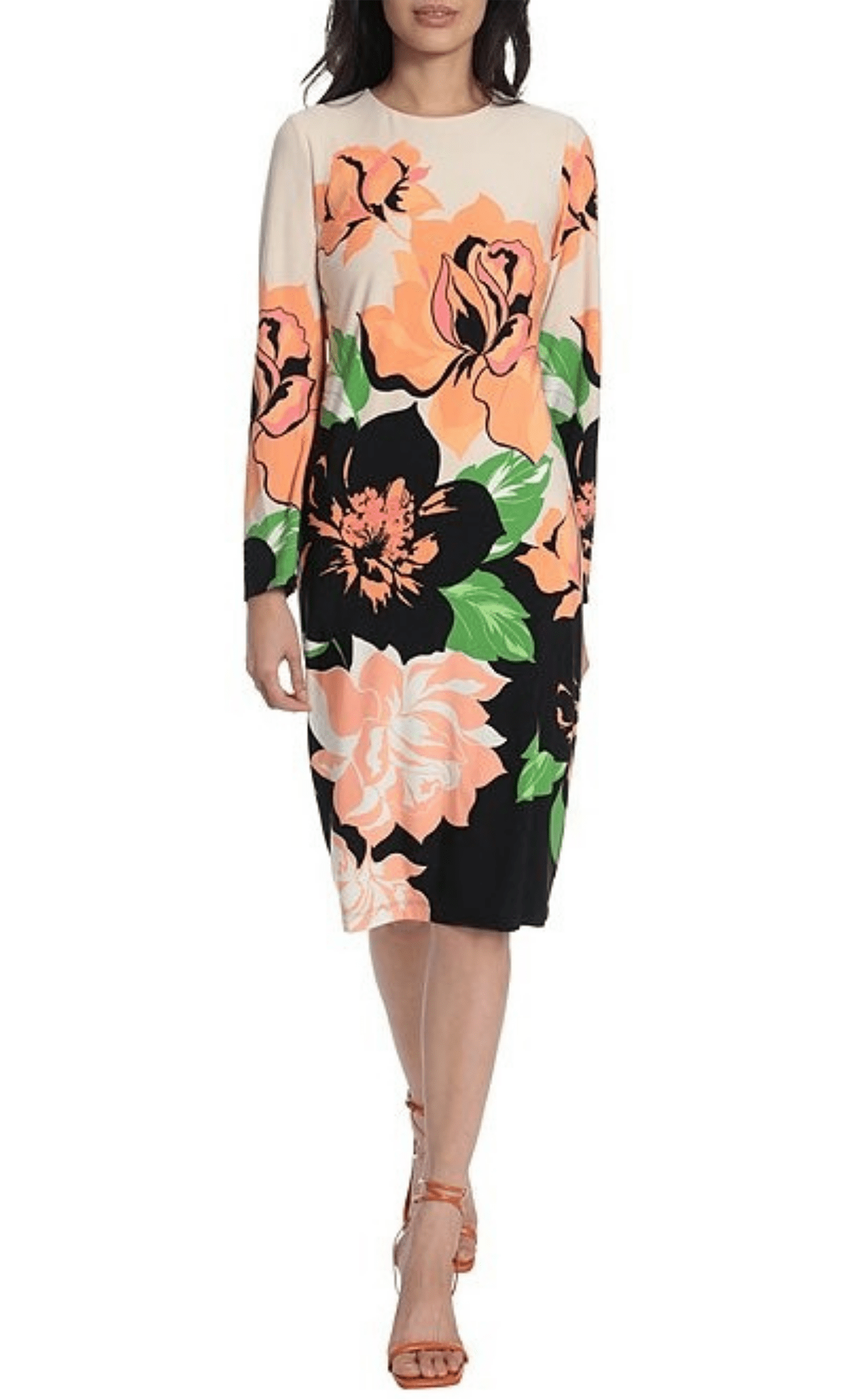 Maggy London G5142M - Floral Long Sleeve Cocktail Dress Special Occasion Dress 0 / Beige Orange