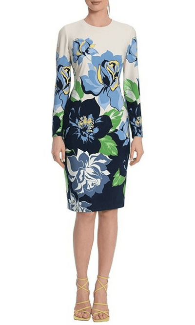 Maggy London G5142M - Floral Long Sleeve Cocktail Dress Special Occasion Dress 0 / Ivory Blue Beige