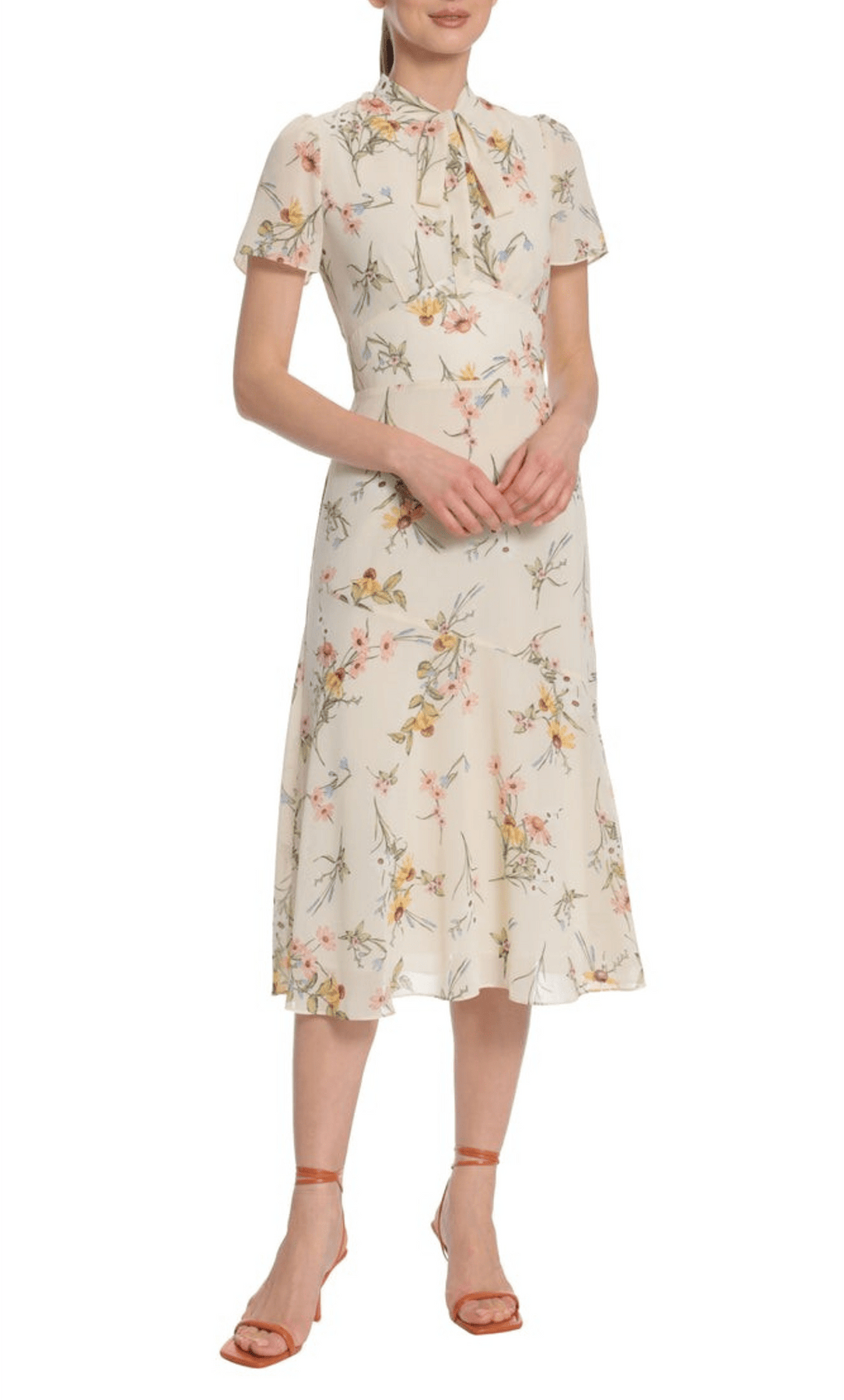 Maggy London G5164M - Tea-Length Chiffon A-Line Dress - Short Sleeves, Neck Tie, Floral Printed Fabric, Modest, Conservative, Back Zipper ADASA Maggy London G5164M - Tea-Length Chiffon A-Line Dress - Short Sleeves, Neck Tie, Floral Printed Fabric, Modest, Conservative, Back Zipper ADASA