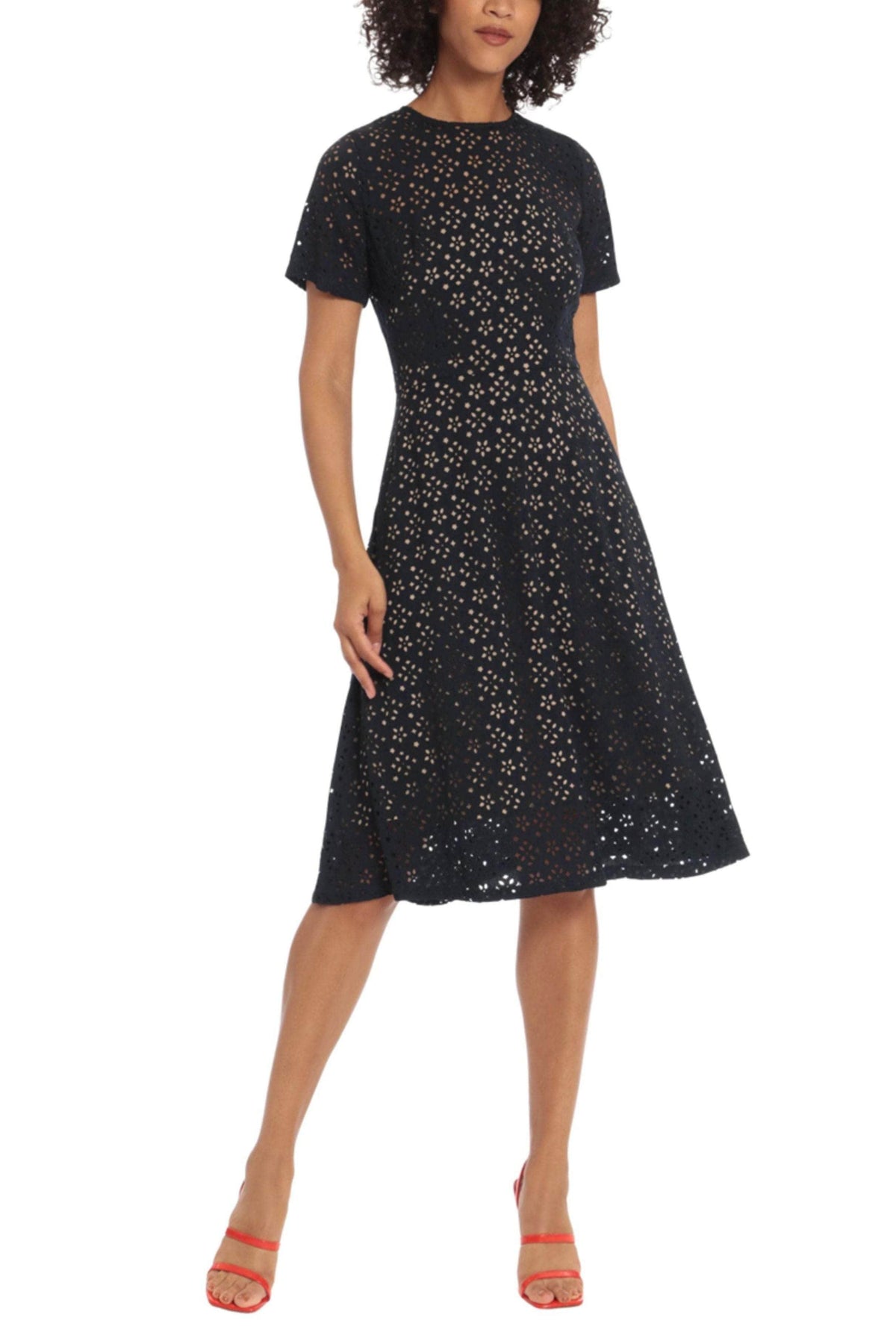 Maggy London G5200M - Knee-Length Laser Cut Crepe A-Line Dress - Short Sleeves, Laser Cut-Lace, Full Back, Concealed Back Zipper, Fit And Flare ADASA Maggy London G5200M - Knee-Length Laser Cut Crepe A-Line Dress - Short Sleeves, Laser Cut-Lace, Full Back, Concealed Back Zipper, Fit And Flare ADASA