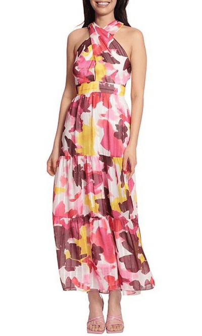 Maggy London G5234M - Printed Crisscross Halter Maxi Dress Special Occasion Dress 0 / Magenta Soft White