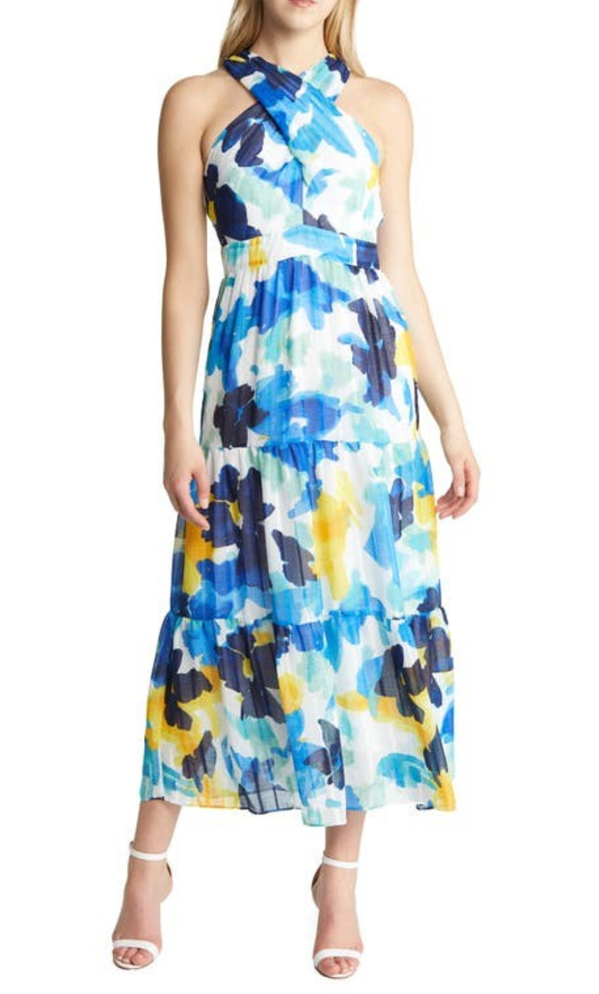 Maggy London G5234M - Printed Crisscross Halter Maxi Dress Special Occasion Dress 0 / Royal Yellow